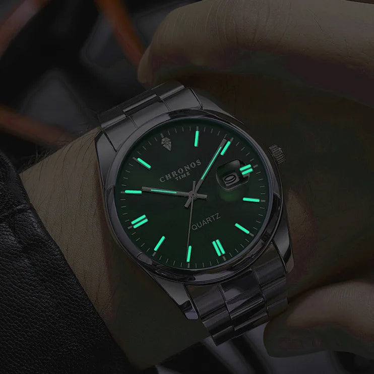 Reloj de pulsera para hombre CHRONOS: marca de lujo, resistente al agua, luminiscente, con indicador de fecha, de acero inoxidable y con mecanismo de cuarzo.