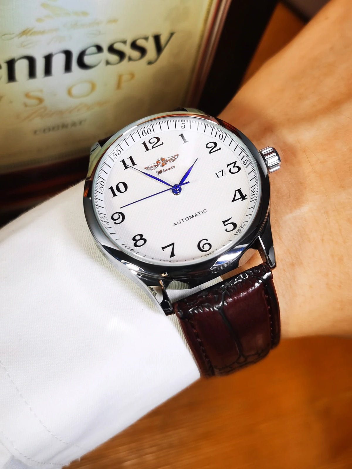 Reloj para hombre WINNER – Estilo clásico, retro y elegante – Reloj mecánico automático con calendario – Marca de lujo, caja de acero y correa de piel