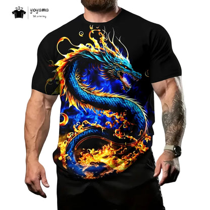 T-shirts de homem com padrão de dragão, manga curta, gola redonda, estilo streetwear, estampado animal 3D, corte largo e versátil, roupa de homem