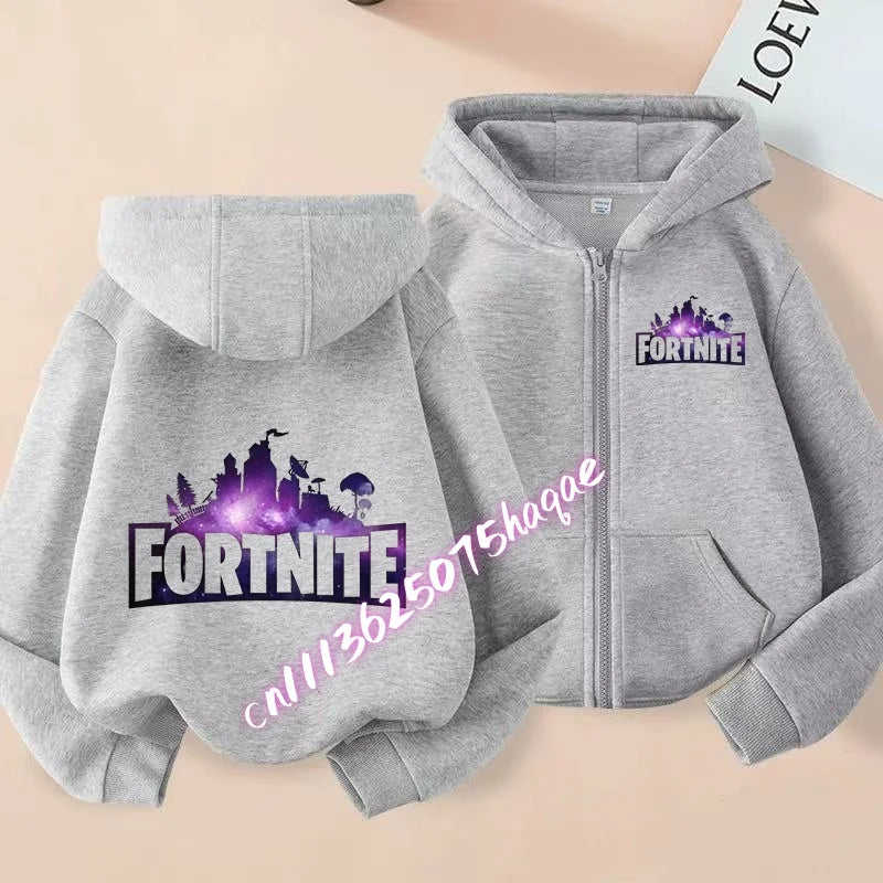 Nieuw Fortnite-kinderhoodiejack met cartoon-gamepersonageprint en rits, herfst- en winterjas voor kinderen, jongenskleding