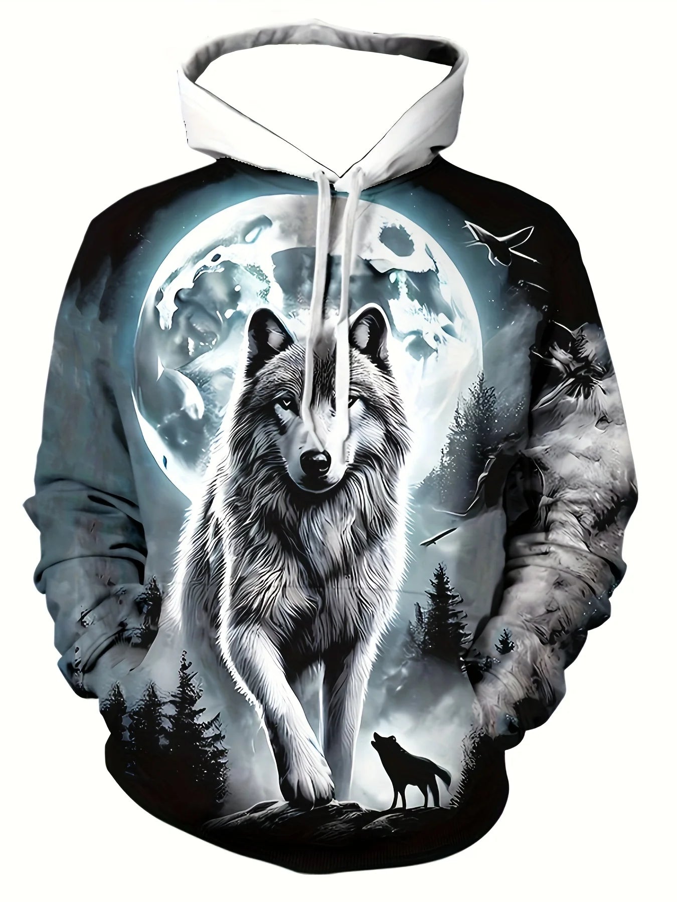 Men's 3D White Wolf Print Hoodie, Casual Long Sleeve Pullover with Drawstring Pocket, 100% Polyester Slight Stretch Men's Clothing
