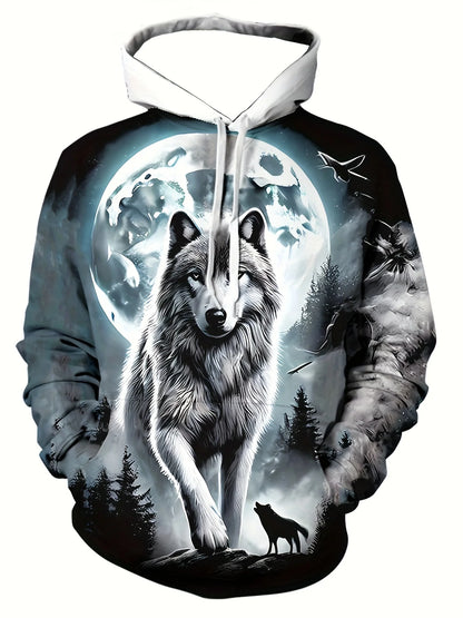Men's 3D White Wolf Print Hoodie, Casual Long Sleeve Pullover with Drawstring Pocket, 100% Polyester Slight Stretch Men's Clothing