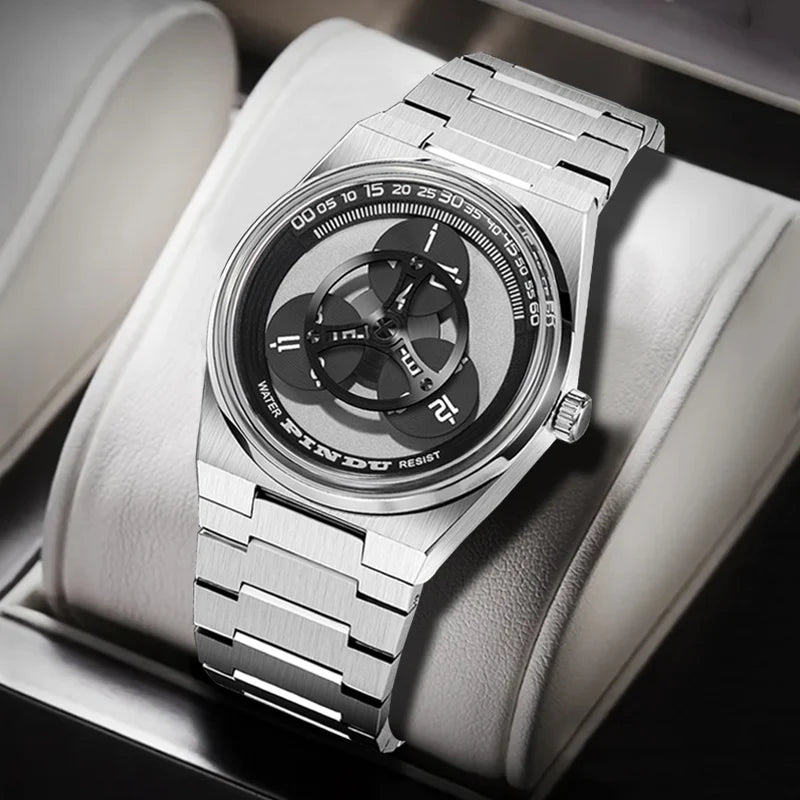 PINDU Turntable Creative Watch Miyota 8215 With Pointerless Design Trendy Steel Business Mechanical Watches Luminous Waterproof