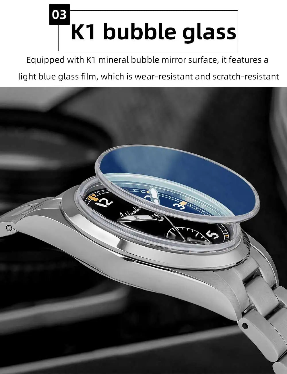 ADDIESDIVE 36mm Men's Quartz VH60 Watch BGW9 Luminous Bubble Mirror Pot Cover Glass 10Bar Waterproof Stainless Steel Watch