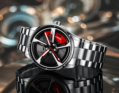 LIGE New Sport 3d Car Wheel Rim Hub Watch Fashionable Rotating Dial Stainless Steel Strap Waterproof Quartz Watches reloj hombre
