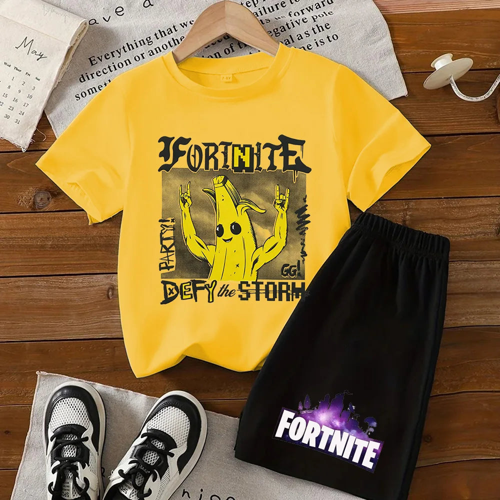 Fortnite Series T-shirt Shorts Suit for Children Hot Game Top and Pants Set Summer Cute Home Loungewear Outfit Birthday Gift