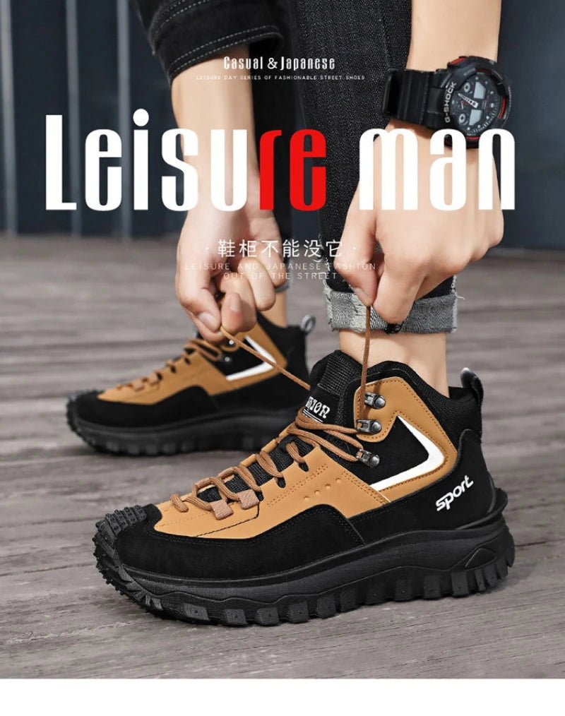 Black and Tan Mid-Top Hiking Boots Suede and Leather Platform Sneakers Non-Slip Outdoor Casual Shoes with Rugged Sole for All