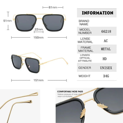 Sun Glasses Fashion Square frame Tony Stark Style Women Sunglasses Men Square Brand Design Sun Glasses Oculos Retro Male Iron