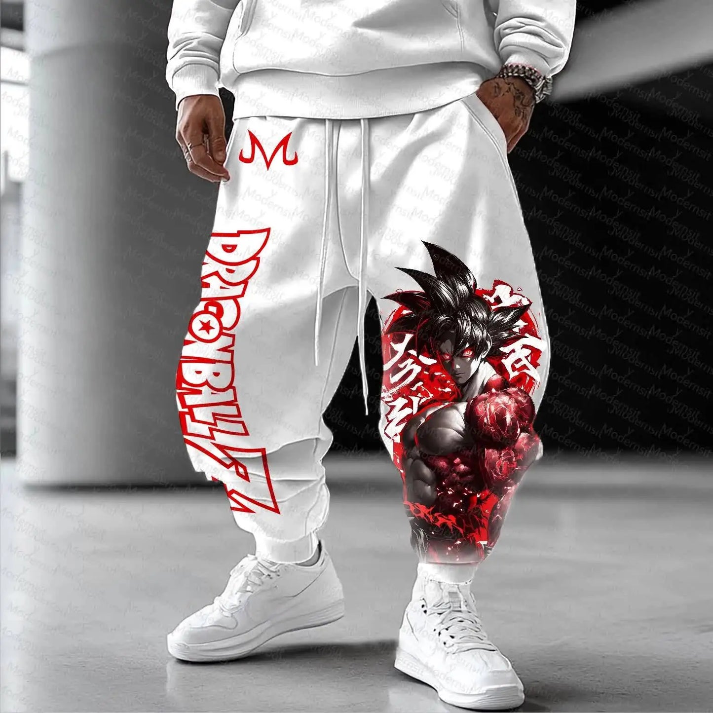 Dragon Ball Z Goku White Hoodie and Pants Set Men Women Anime Character Print Two-Piece Outfit with Red Logo and Super Saiyan