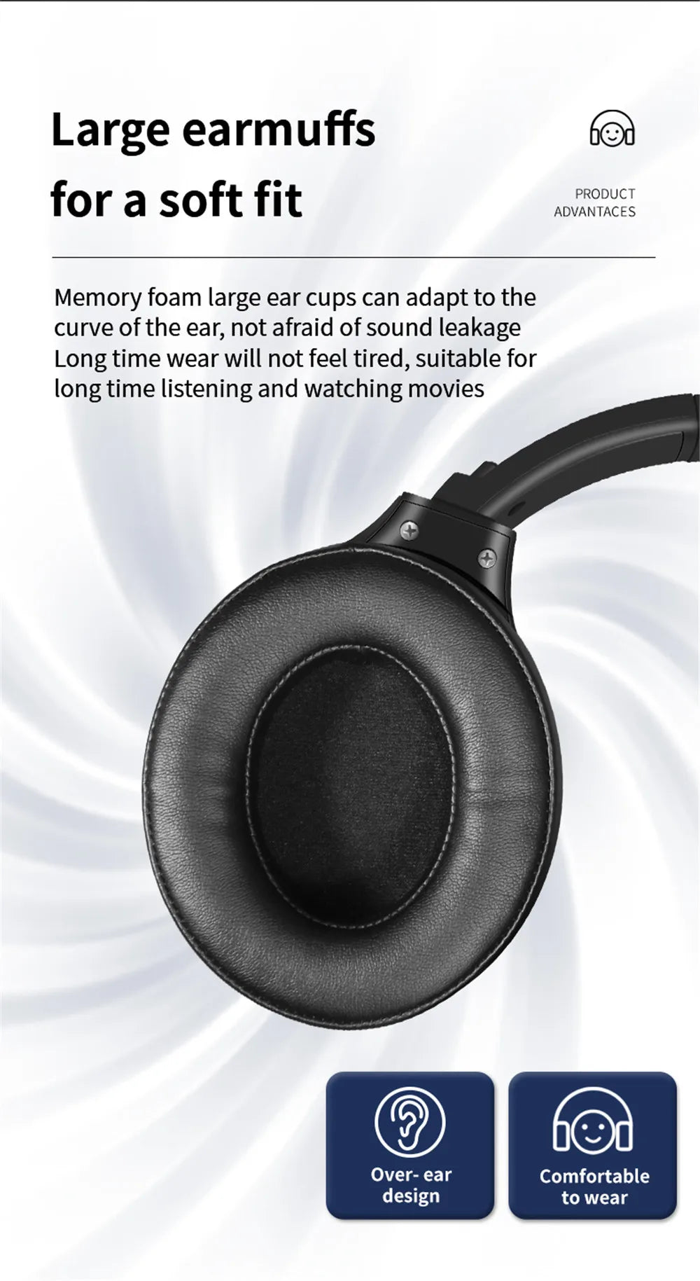 20 H Play Bluetooth Headphones with Large Earmuffs Wireless Earphones with Bass Noise Cancelling and Mic TF-card Support Helmet