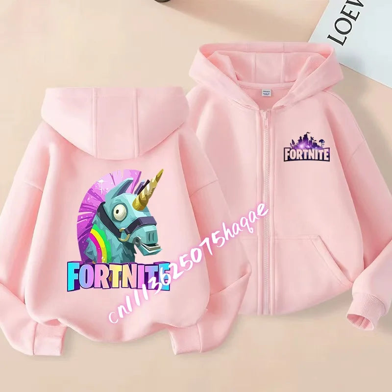 Nieuw Fortnite-kinderhoodiejack met cartoon-gamepersonageprint en rits, herfst- en winterjas voor kinderen, jongenskleding