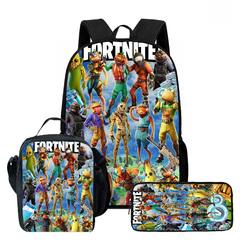 Fortnite Cartoon 3-teiliges Rucksack-Set für Jungen und Mädchen, unisex, mit Schulranzen, Lunch Bag und Federmäppchen, geeignet für Kinder von 5-8 Jahren