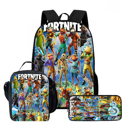 Fortnite Cartoon 3-teiliges Rucksack-Set für Jungen und Mädchen, unisex, mit Schulranzen, Lunch Bag und Federmäppchen, geeignet für Kinder von 5-8 Jahren