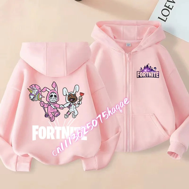 Nieuw Fortnite-kinderhoodiejack met cartoon-gamepersonageprint en rits, herfst- en winterjas voor kinderen, jongenskleding