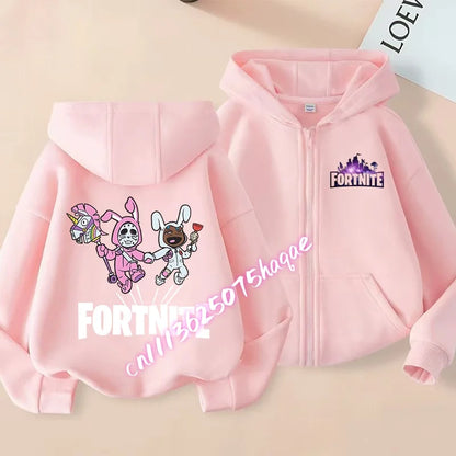 Nieuw Fortnite-kinderhoodiejack met cartoon-gamepersonageprint en rits, herfst- en winterjas voor kinderen, jongenskleding
