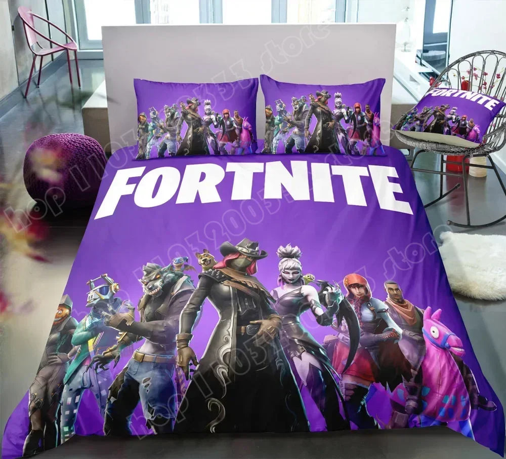 Juego de cama Fortnite con funda nórdica de 3 piezas, diseño 3D, ropa de cama para dormitorio, gaming, anime y dibujos animados, funda de almohada, decoración de habitación, regalo