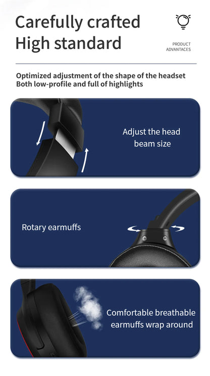 20 H Play Bluetooth Headphones with Large Earmuffs Wireless Earphones with Bass Noise Cancelling and Mic TF-card Support Helmet