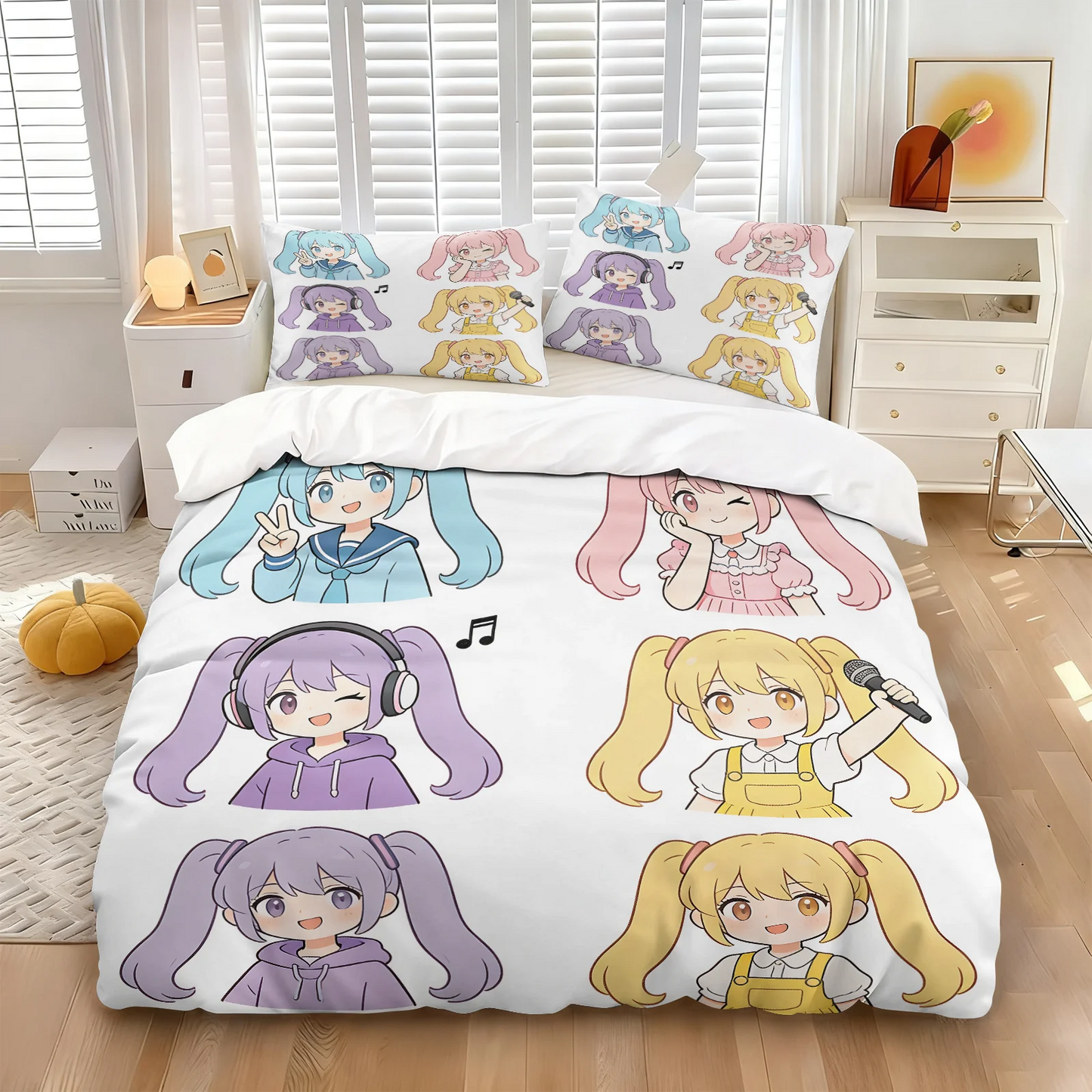 Set navlake za poplun Hatsune Miku u chibi stilu, slatka anime posteljina s jastučnicama, dekor za gaming sobu, spavaću sobu tinejdžera i djece, poklon za fanove