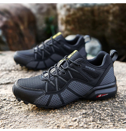 Męskie buty turystyczne – buty sportowe do terenów o zróżnicowanym ukształtowaniu terenu, z oddychającą siateczką, antypoślizgowe, odporne na zużycie – buty turystyczne i rowerowe
