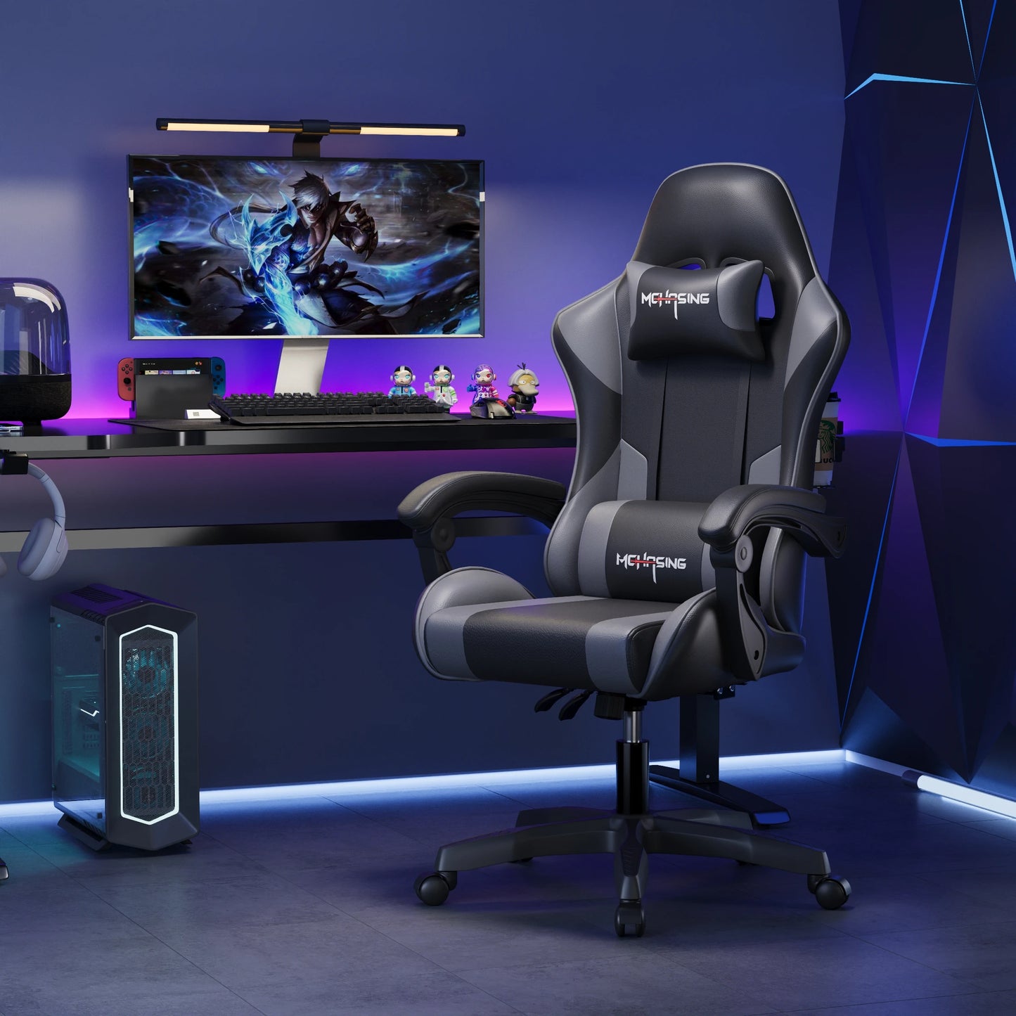 Ergonomisk gamingstol i moderne design med drejefunktion til kontor og hjem, e-sport-gamingstol med hjul, roterende computer-gamingstol