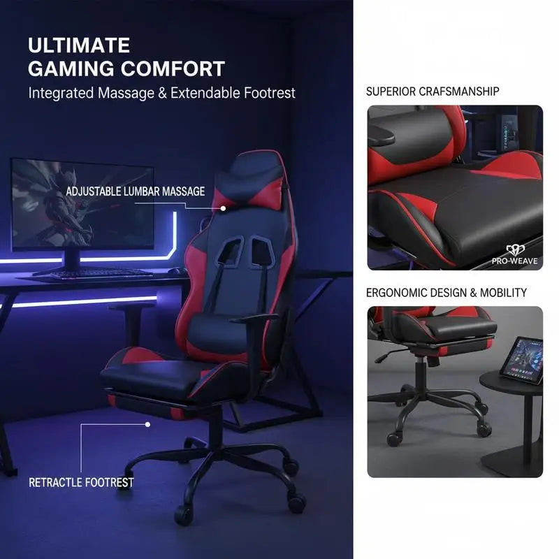 Massage Gaming Chair with Footrest, Reclining Ergonomic Gaming Chair, 360° Swivel Adjustable Height Gaming Chair in Black & Red Leather