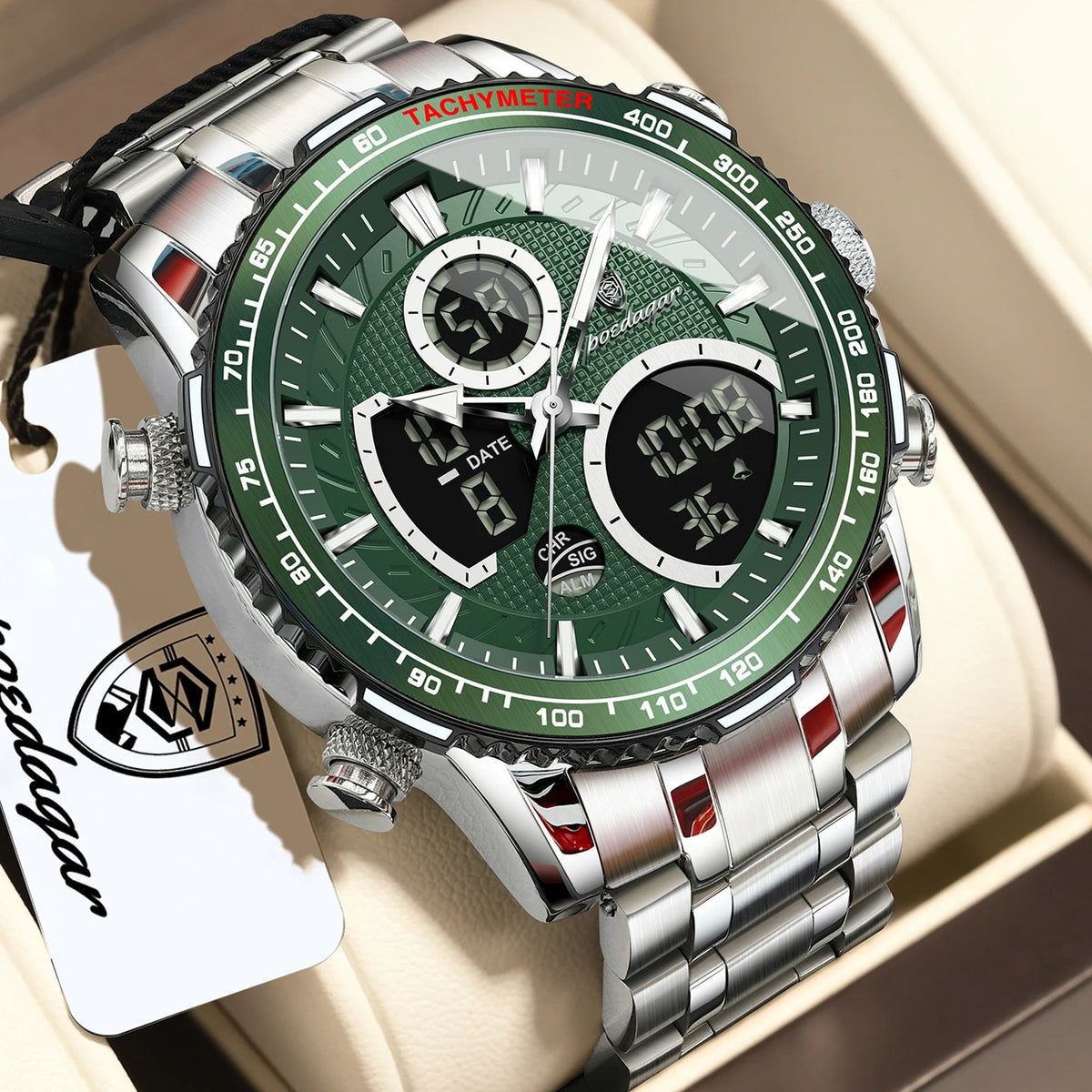 Montre pour homme POEDAGAR : montre à quartz tendance, étanche, avec affichage LED, double fuseau horaire et boîtier en acier inoxydable – une montre numérique de luxe pour homme.