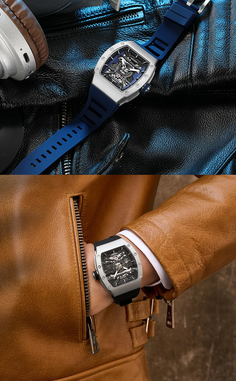 MEGIR Men's Automatic Mechanical Watch with Stainless Steel Case Silicone Strap Fashion Waterproof Luminous Wristwatch 8604
