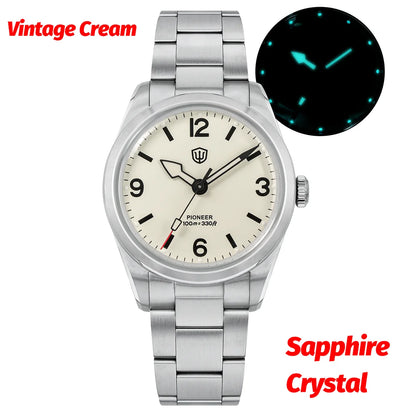 Watchdives WD1960S V2 36Mm Vintage Cream Man Watches VH31 Sweep Seconds Quartz Watch Bubble K1 Sapphire Luminous Stainless Steel