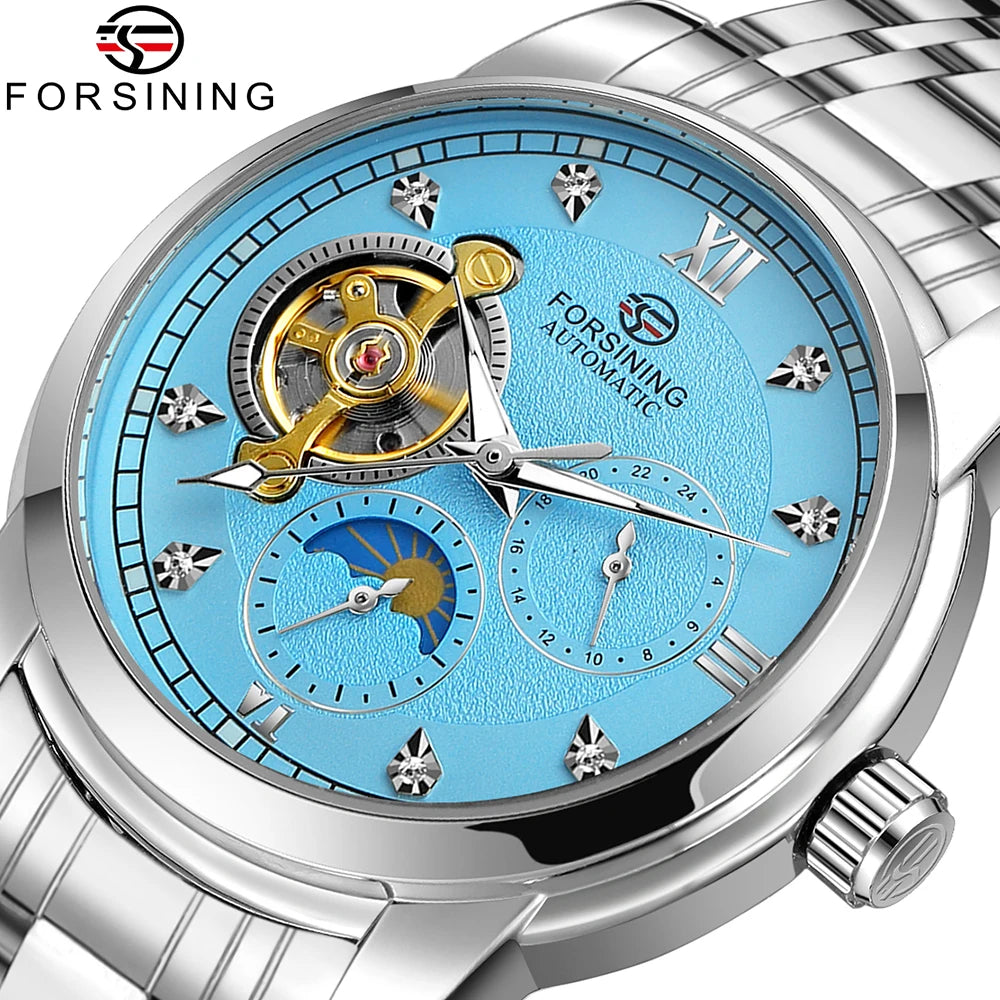 Forsining men’s automatic mechanical watch – Luxury, business and fashion style, metal bracelet, tourbillon, luminescent hands, set with synthetic diamonds