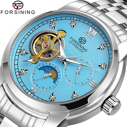 Forsining men’s automatic mechanical watch – Luxury, business and fashion style, metal bracelet, tourbillon, luminescent hands, set with synthetic diamonds