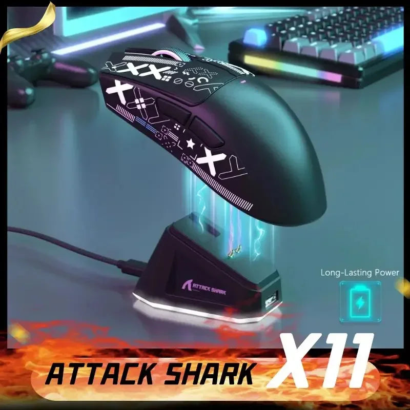 Mouse da gaming wireless Original Brand ATTACK SHARK X11 con dock di ricarica, sensore gaming PixArt PAW3311, Origin BT/2.4G wireless/cablato