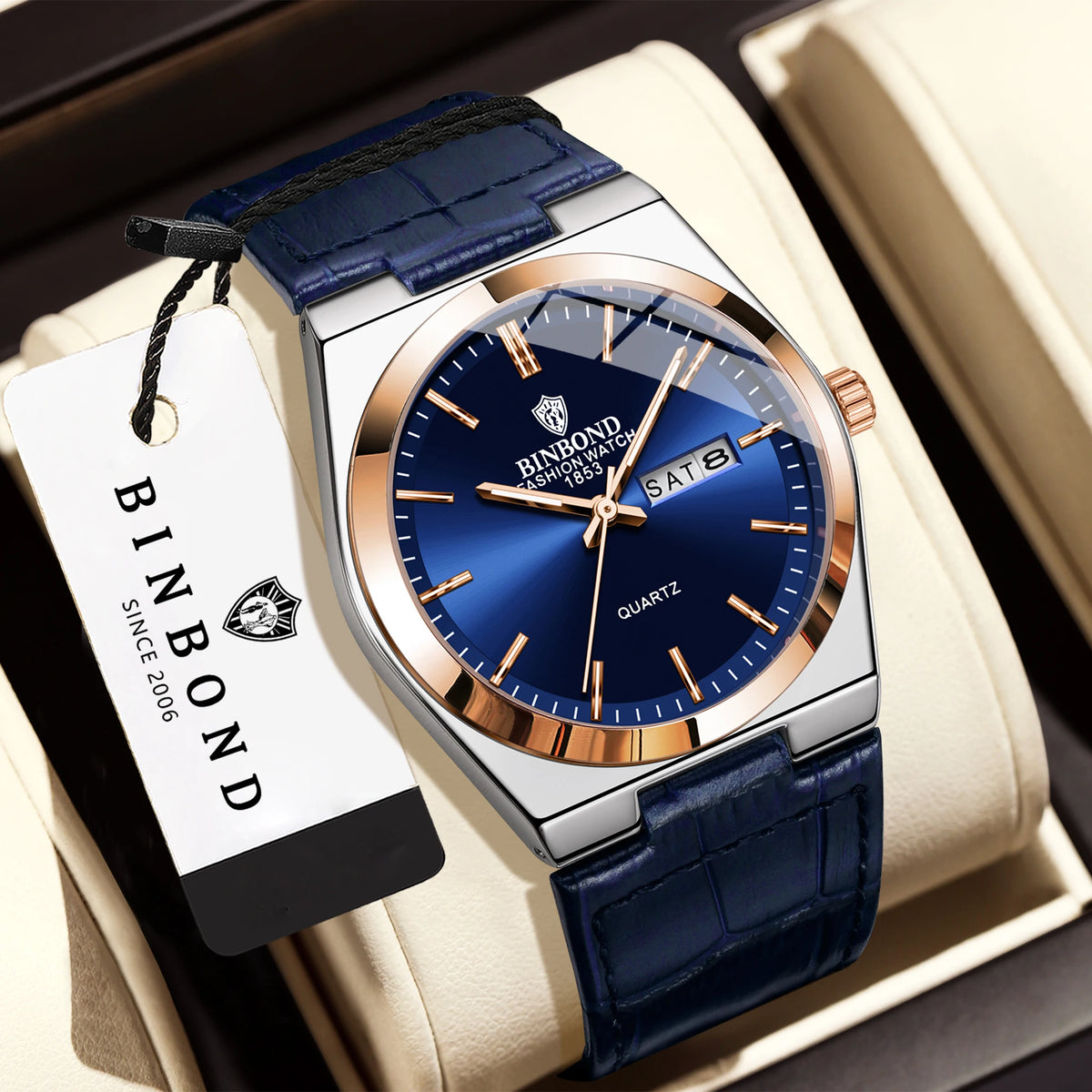 Prabangus „BINBOND“ kvarcinis rankinis laikrodis su odine apyranke, tikslus, šviečiantis, atsparus vandeniui, su automatiniu datos ir savaitės dienos rodymu, patvarus, skirtas vyrams.
