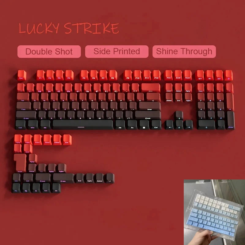 Novas Keycaps para Teclado Mecânico Gaming 60/64/84/98/108 com Switch MX, 135 Teclas OEM PBT, Gravação Lateral, Gradiente Vermelho e Preto