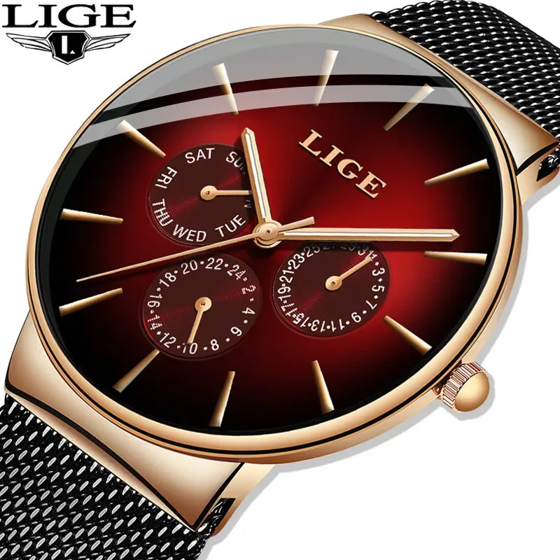 LIGE women’s watch, elegant and on-trend – sporty-casual style, mesh strap, quartz movement, date and day display, water-resistant.