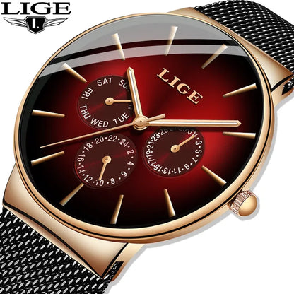 LIGE women’s watch, elegant and on-trend – sporty-casual style, mesh strap, quartz movement, date and day display, water-resistant.