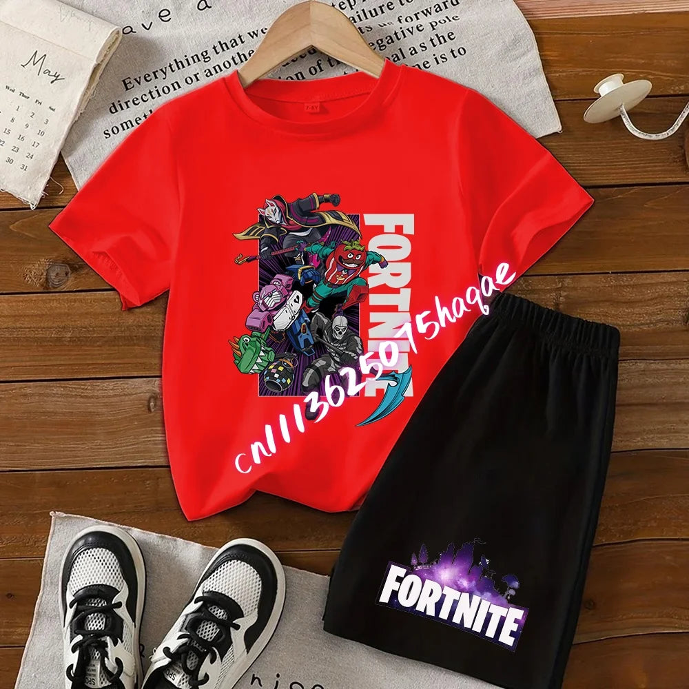 Summer Fortnite T-shirt Shorts for Boys and Girls Tee Pants Set 2pcs Children Clothing Tops T-shirts Fortress Night Print Tees Gift