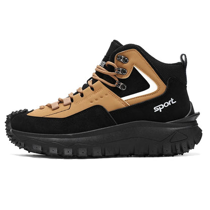 Black and Tan Mid-Top Hiking Boots Suede and Leather Platform Sneakers Non-Slip Outdoor Casual Shoes with Rugged Sole for All