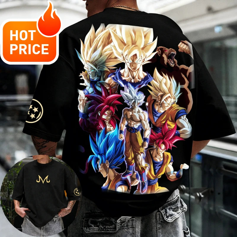 2026 Summer Dragon Ball T-shirt 100% Cotton Goku All Forms Print Oversized Gym Streetwear Unisex Retro Tee for Adults Kids