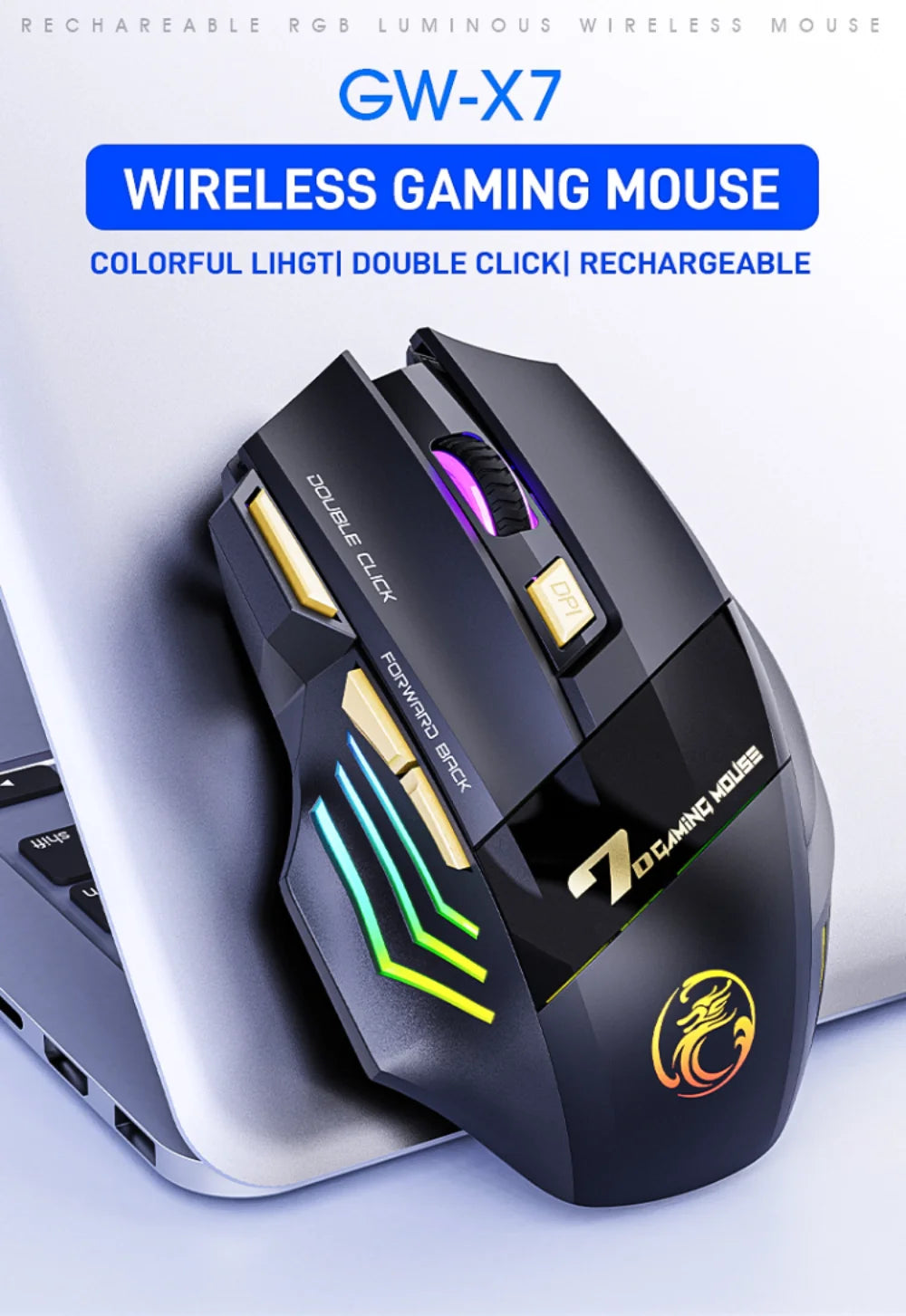 GW 2.4G and Bluetooth Wireless Mouse Silent Rechargeable Breathing Light 7 Keys DPI Adjustable Optical Sensor Mouse Game Office