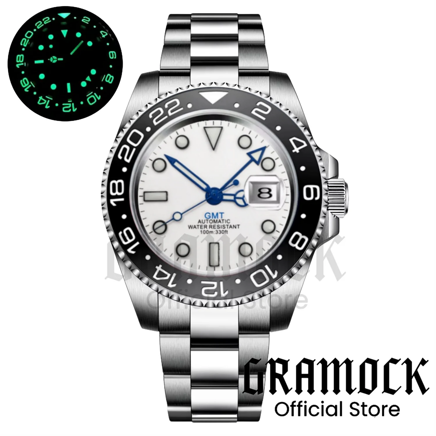 Gramock White Dial Blue GMT 40MM Watch For Men Roating Bezel Sapphire Glass Waterproof Reloj Hombre NH34A Mechanical Wristwatch