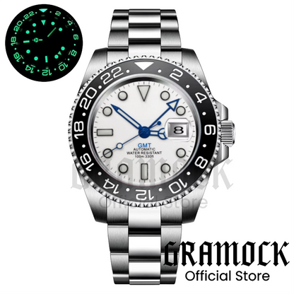 Gramock White Dial Blue GMT 40MM Watch For Men Roating Bezel Sapphire Glass Waterproof Reloj Hombre NH34A Mechanical Wristwatch