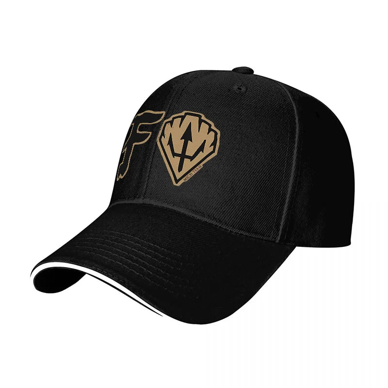 FORTNITE BASEBALL CAP WITH GOLD LOGO DESIGN BLACK AND WHITE TRIM ADJUSTABLE FIT FOR GAMING FANS AND STYLE ENTHUSIASTS