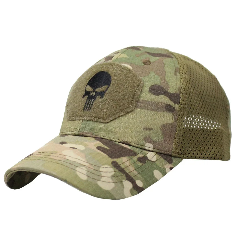 Baseballkappe im Camouflage-Look, aus atmungsaktivem Netzgewebe, taktische Camo-Kappe der Special Forces, mit Totenkopf- und Enten-Schirm