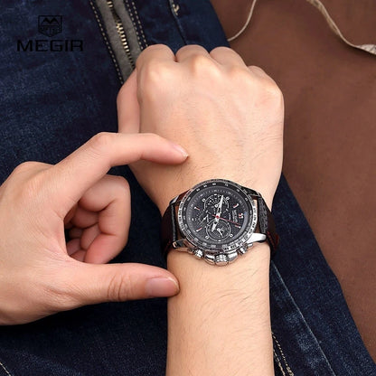 Orologio da polso analogico al quarzo da uomo MEGIR – Orologio di lusso impermeabile con cinturino in pelle, stile casual, modello 1010 (nero)