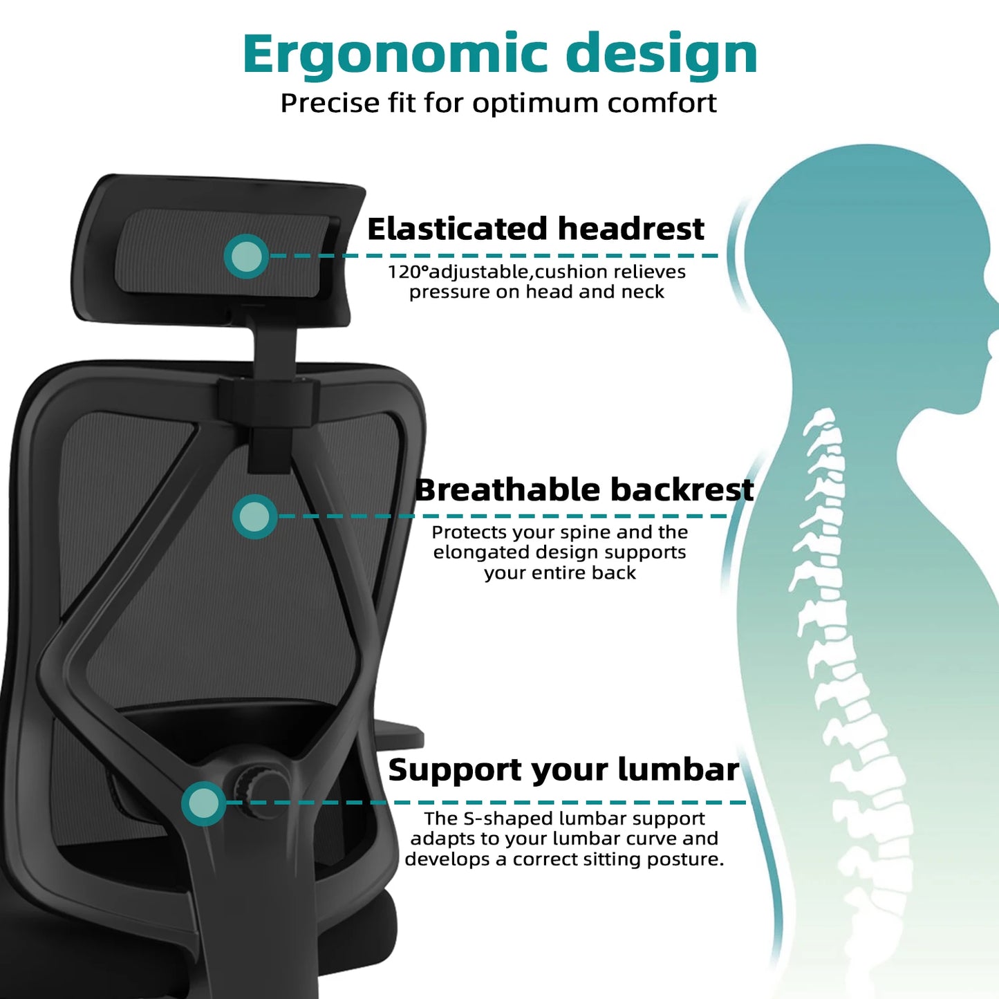 Daccormax Ergonomic Office Chair with 3D Lumbar Support, Mesh Desk Chair, Adjustable Headrest, Reclining Swivel Computer Chair for Home Office