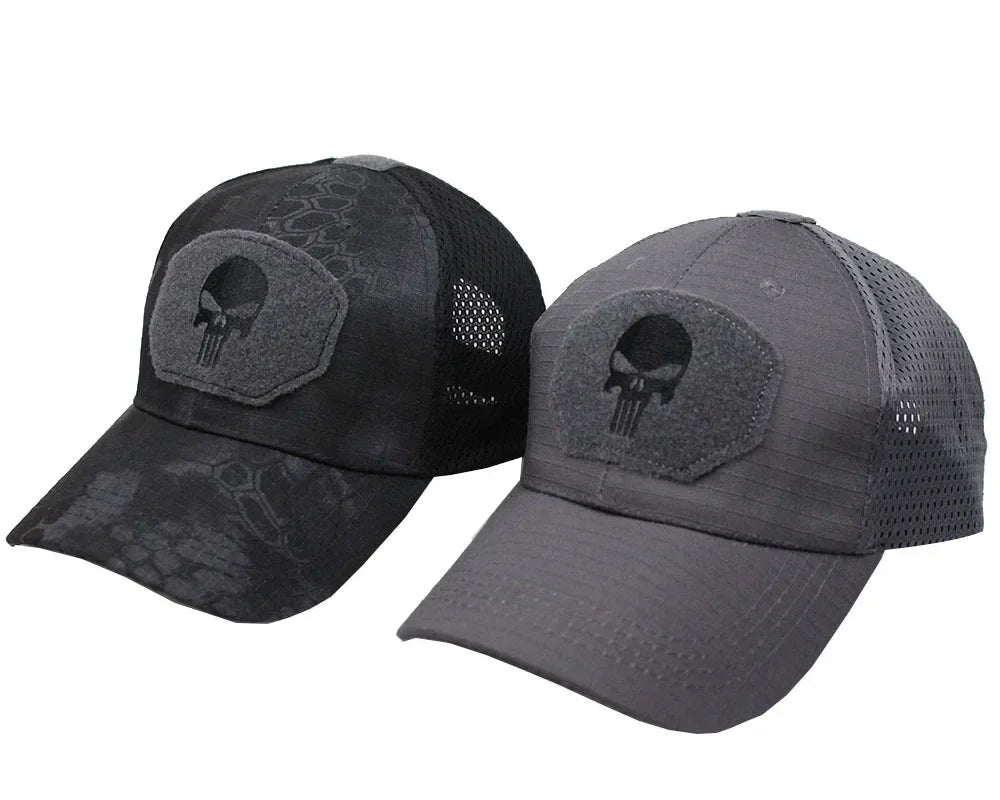 Baseballkappe im Camouflage-Look, aus atmungsaktivem Netzgewebe, taktische Camo-Kappe der Special Forces, mit Totenkopf- und Enten-Schirm