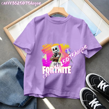 Fortnite Children’s T-Shirts Anime Printed Characters Tops Cartoon Fortress Night Summer Clothes Girls Short Sleeve Pullover Tees