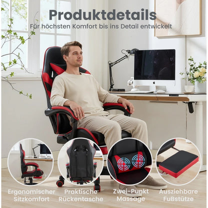 Ergonomic Racing Gaming Chair with Lumbar Support, Massage Function, Footrest, Reclining Leather Gaming Chair for Office & PC Gaming