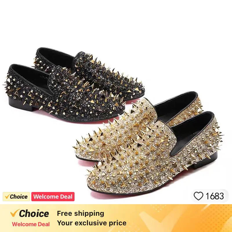 Fashion Blue Bling Spikes Loafers Shoes For Men Luxury Handmade Slip On Mens Dress Shoes Wedding Shoes