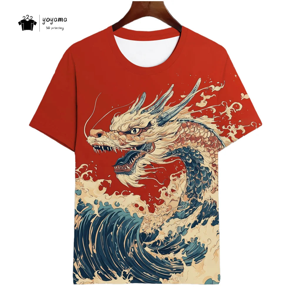T-shirts de homem com padrão de dragão, manga curta, gola redonda, estilo streetwear, estampado animal 3D, corte largo e versátil, roupa de homem
